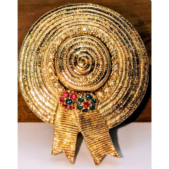 Ciner Signed VTG Gold Tone Multi-Color Clear Rhinestone Straw Hat Pin Brooch - Picture 1 of 7
